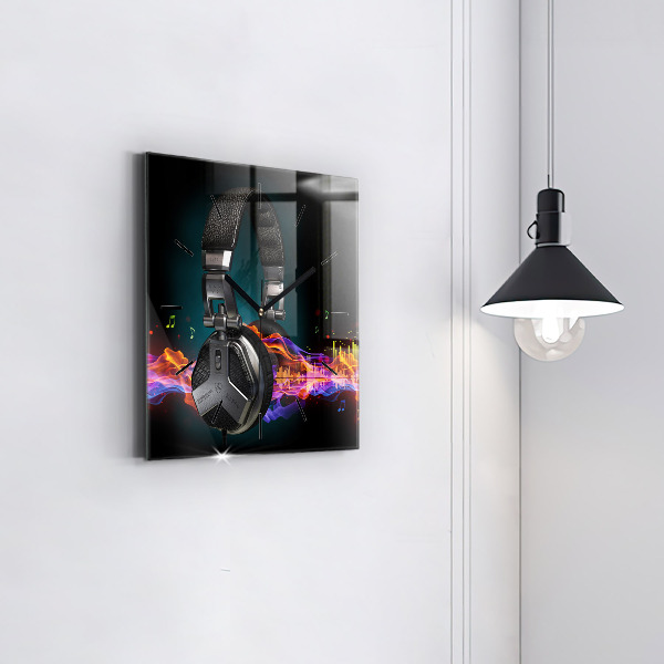 Square glass wall clock Headphones and sound waves