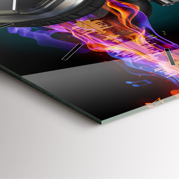 Square glass wall clock Headphones and sound waves