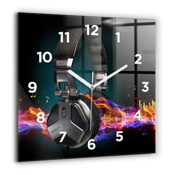 Square glass wall clock Headphones and sound waves