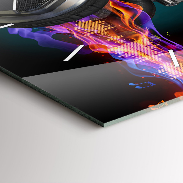 Square glass wall clock Headphones and sound waves