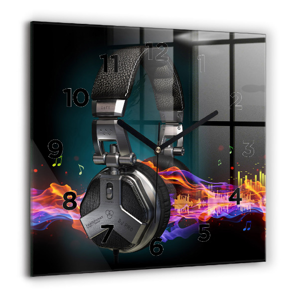 Square glass wall clock Headphones and sound waves