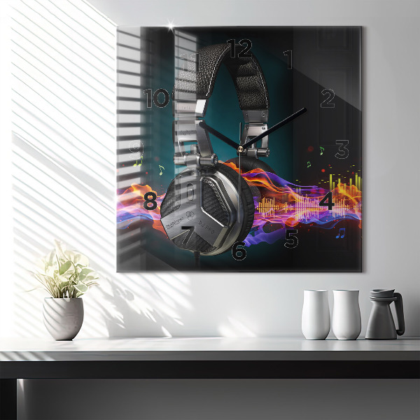 Square glass wall clock Headphones and sound waves