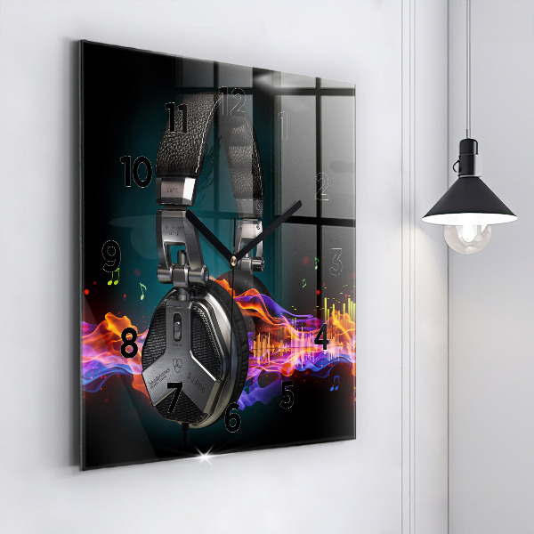 Square glass wall clock Headphones and sound waves