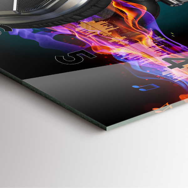 Square glass wall clock Headphones and sound waves