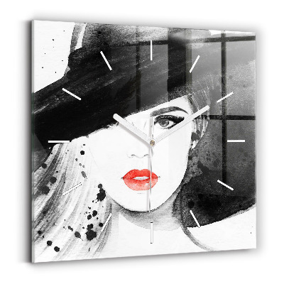 Square glass wall clock Woman in a hat