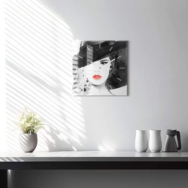 Square glass wall clock Woman in a hat