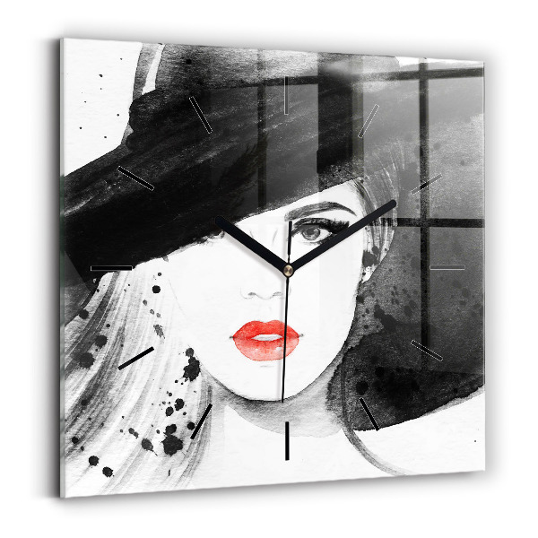 Square glass wall clock Woman in a hat
