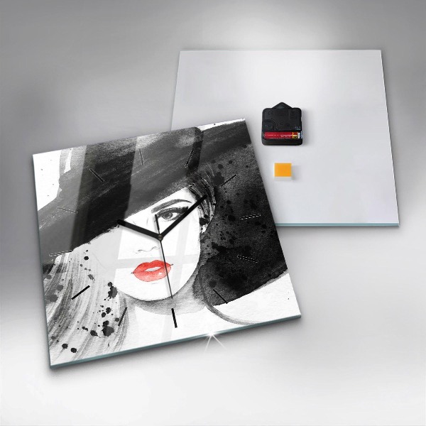 Square glass wall clock Woman in a hat