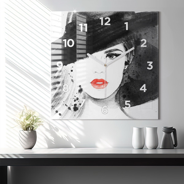 Square glass wall clock Woman in a hat