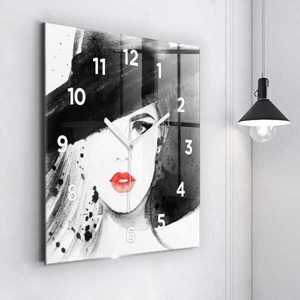 Square glass wall clock Woman in a hat