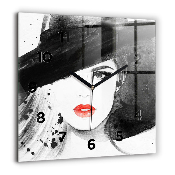 Square glass wall clock Woman in a hat