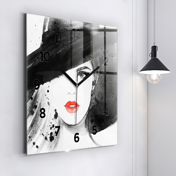 Square glass wall clock Woman in a hat