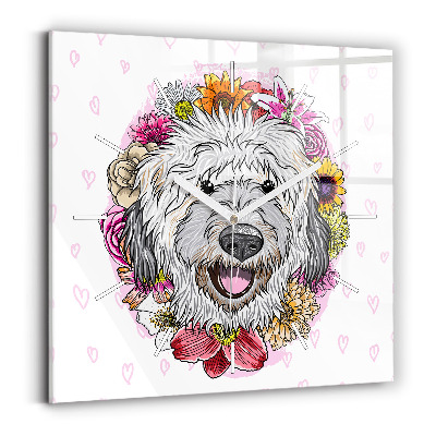 Square glass wall clock Happy dog in flowers