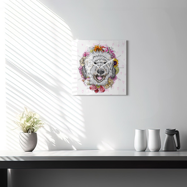 Square glass wall clock Happy dog in flowers