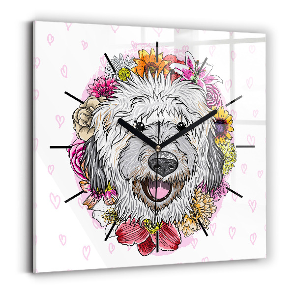Square glass wall clock Happy dog in flowers
