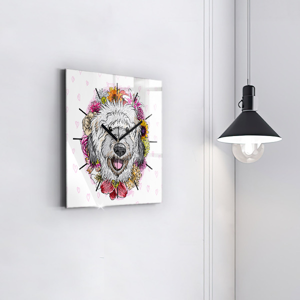 Square glass wall clock Happy dog in flowers