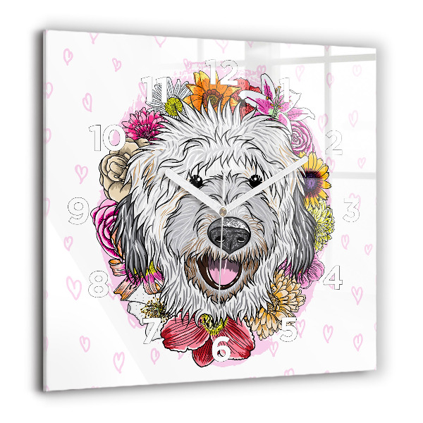 Square glass wall clock Happy dog in flowers