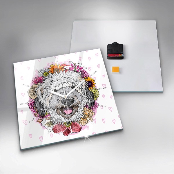 Square glass wall clock Happy dog in flowers