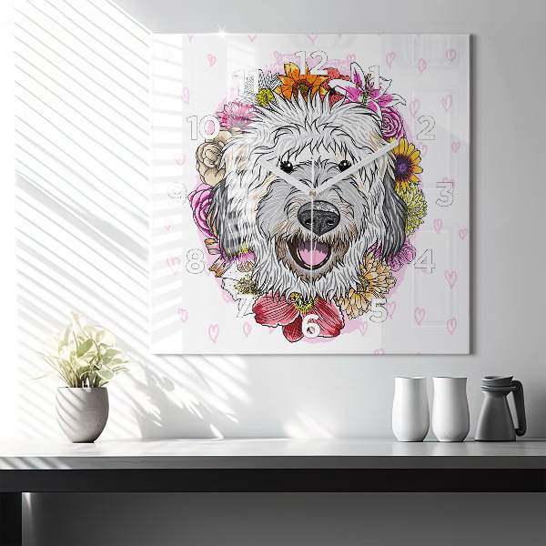 Square glass wall clock Happy dog in flowers