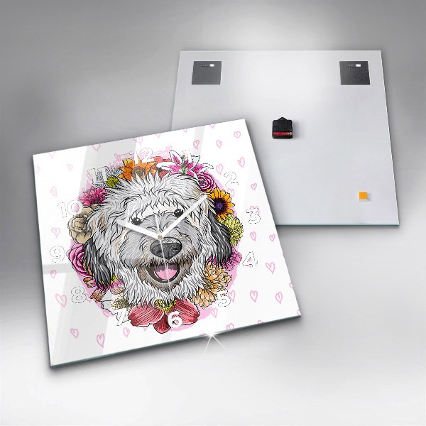 Square glass wall clock Happy dog in flowers