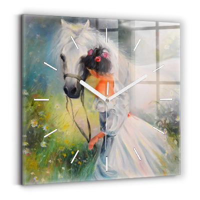 Square glass wall clock Beautiful woman with a horse