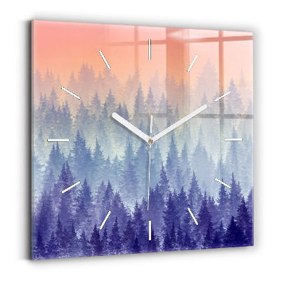 Square glass wall clock Forest in the fog