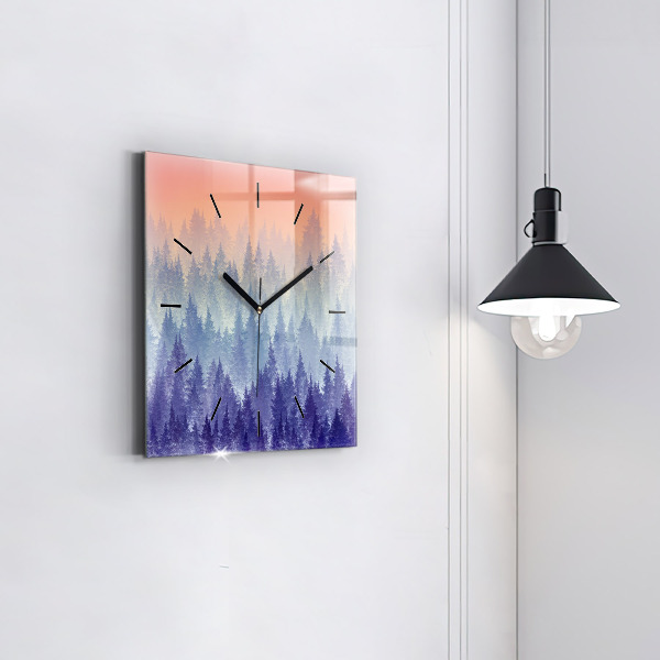 Square glass wall clock Forest in the fog