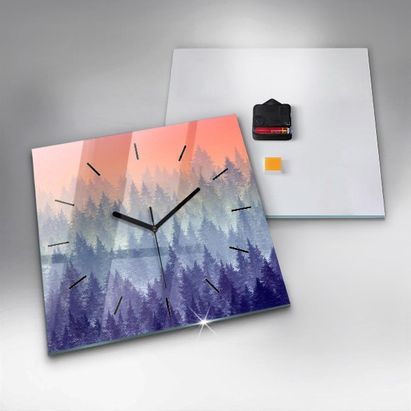 Square glass wall clock Forest in the fog