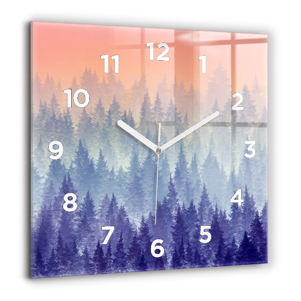 Square glass wall clock Forest in the fog