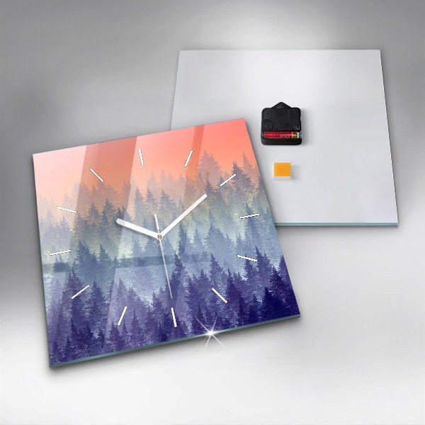 Square glass wall clock Forest in the fog