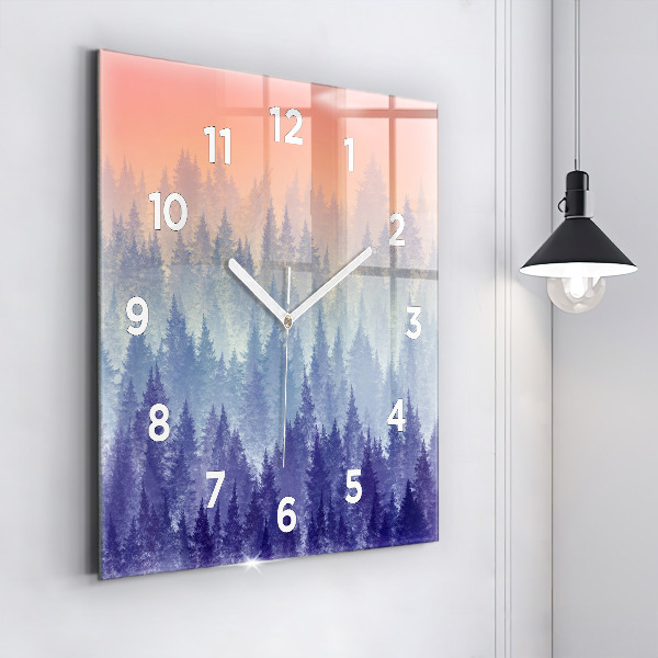 Square glass wall clock Forest in the fog