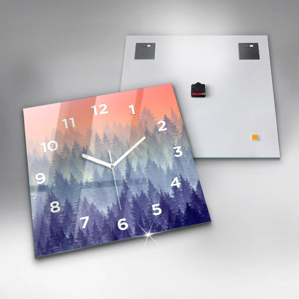 Square glass wall clock Forest in the fog