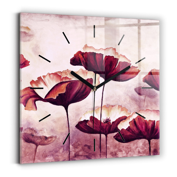 Square glass wall clock Blooming poppies