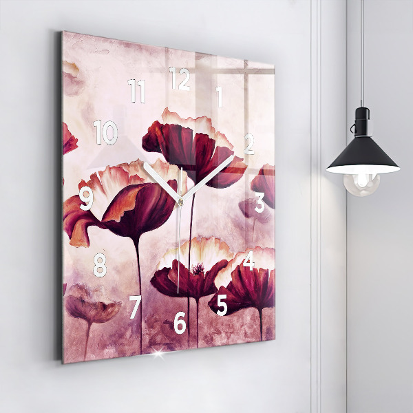 Square glass wall clock Blooming poppies