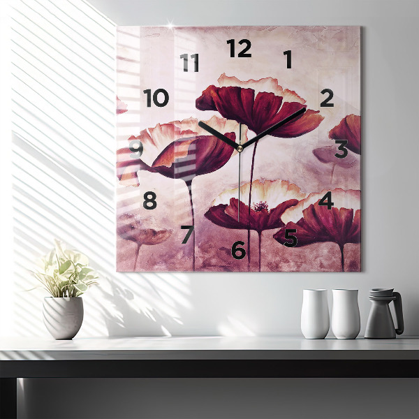 Square glass wall clock Blooming poppies