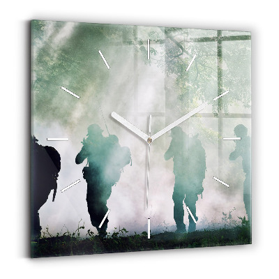 Square glass wall clock Army in the forest soldiers
