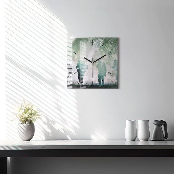 Square glass wall clock Army in the forest soldiers