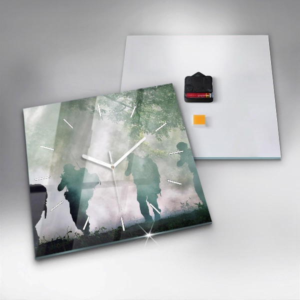 Square glass wall clock Army in the forest soldiers