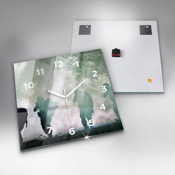 Square glass wall clock Army in the forest soldiers