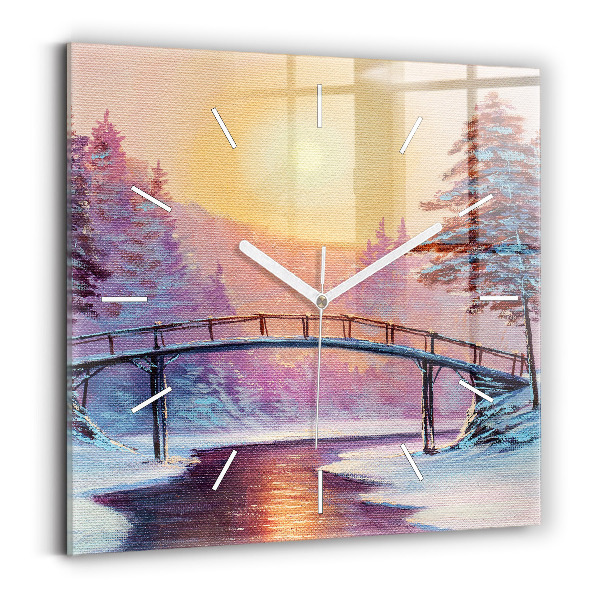 Square glass wall clock Christmas tree and bridge
