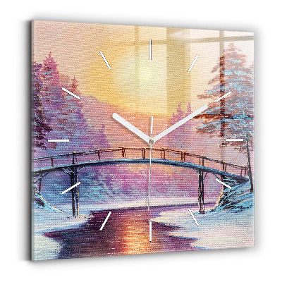 Square glass wall clock Christmas tree and bridge