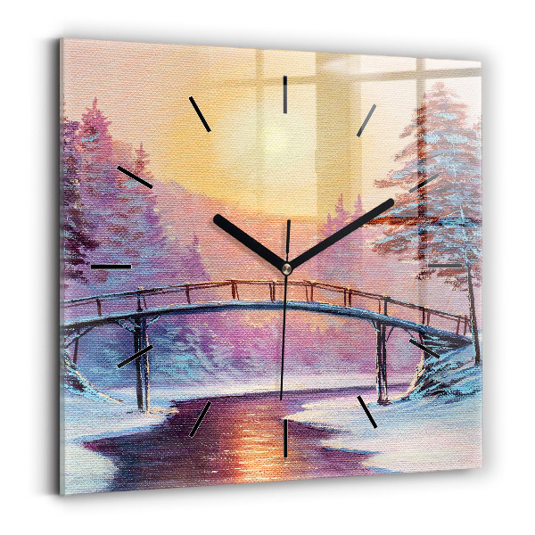 Square glass wall clock Christmas tree and bridge