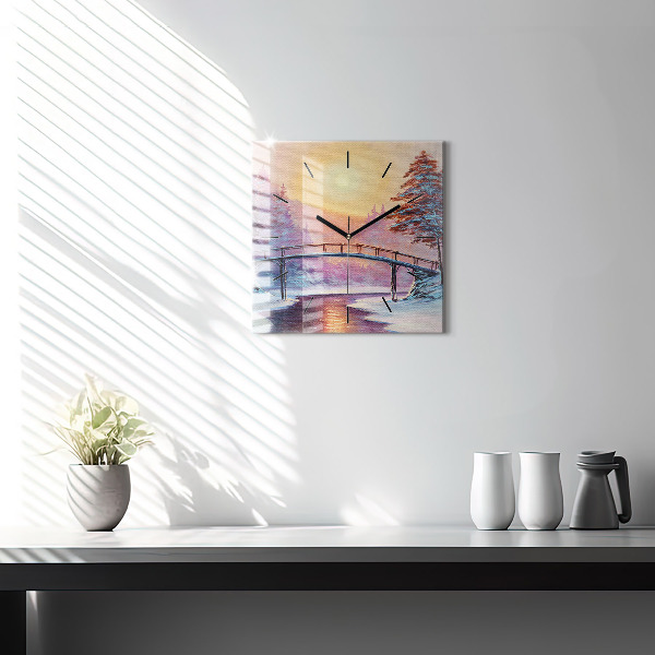 Square glass wall clock Christmas tree and bridge