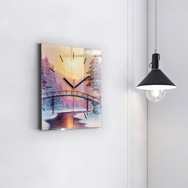 Square glass wall clock Christmas tree and bridge