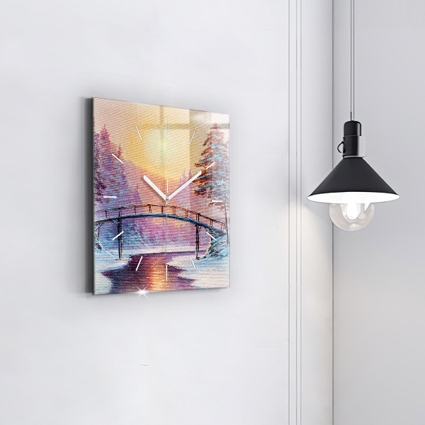 Square glass wall clock Christmas tree and bridge