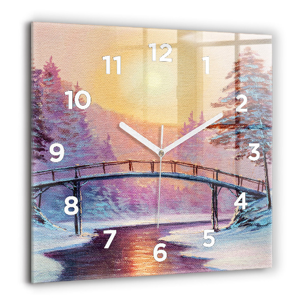 Square glass wall clock Christmas tree and bridge