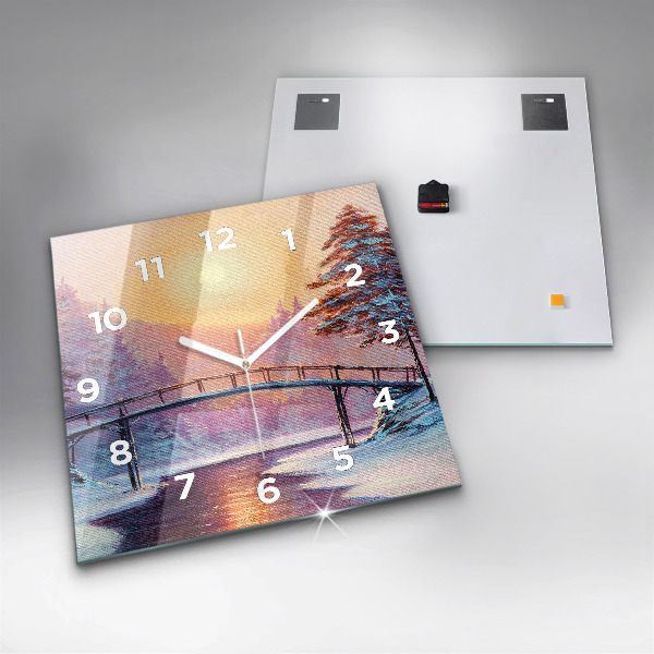 Square glass wall clock Christmas tree and bridge