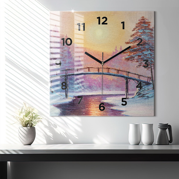 Square glass wall clock Christmas tree and bridge
