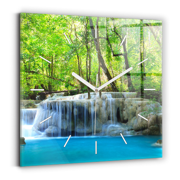 Square glass wall clock Waterfall in the forest