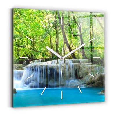 Square glass wall clock Waterfall in the forest